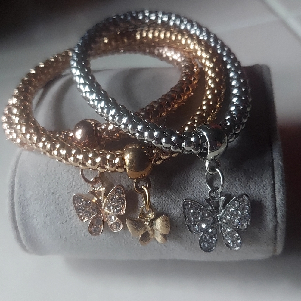 Lot Of 3 Silver Gold Plated Popcorn Chain Bracelets Butterfly Rhinestones 7"